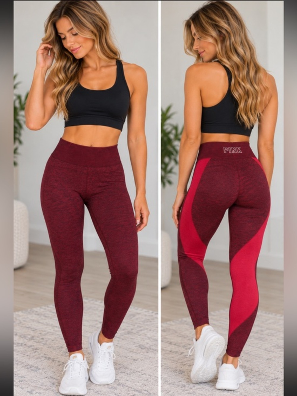 Victoria’s Secret PINK Seamless Burgundy Red Colorblock Leggings Size M